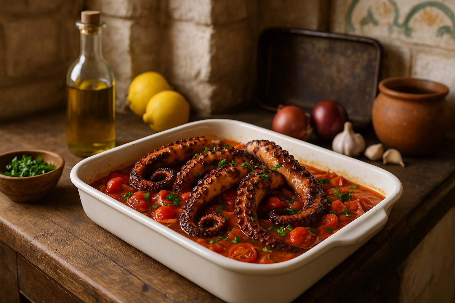 Gegrillter Oktopus in Tomaten-Paprika-Sauce